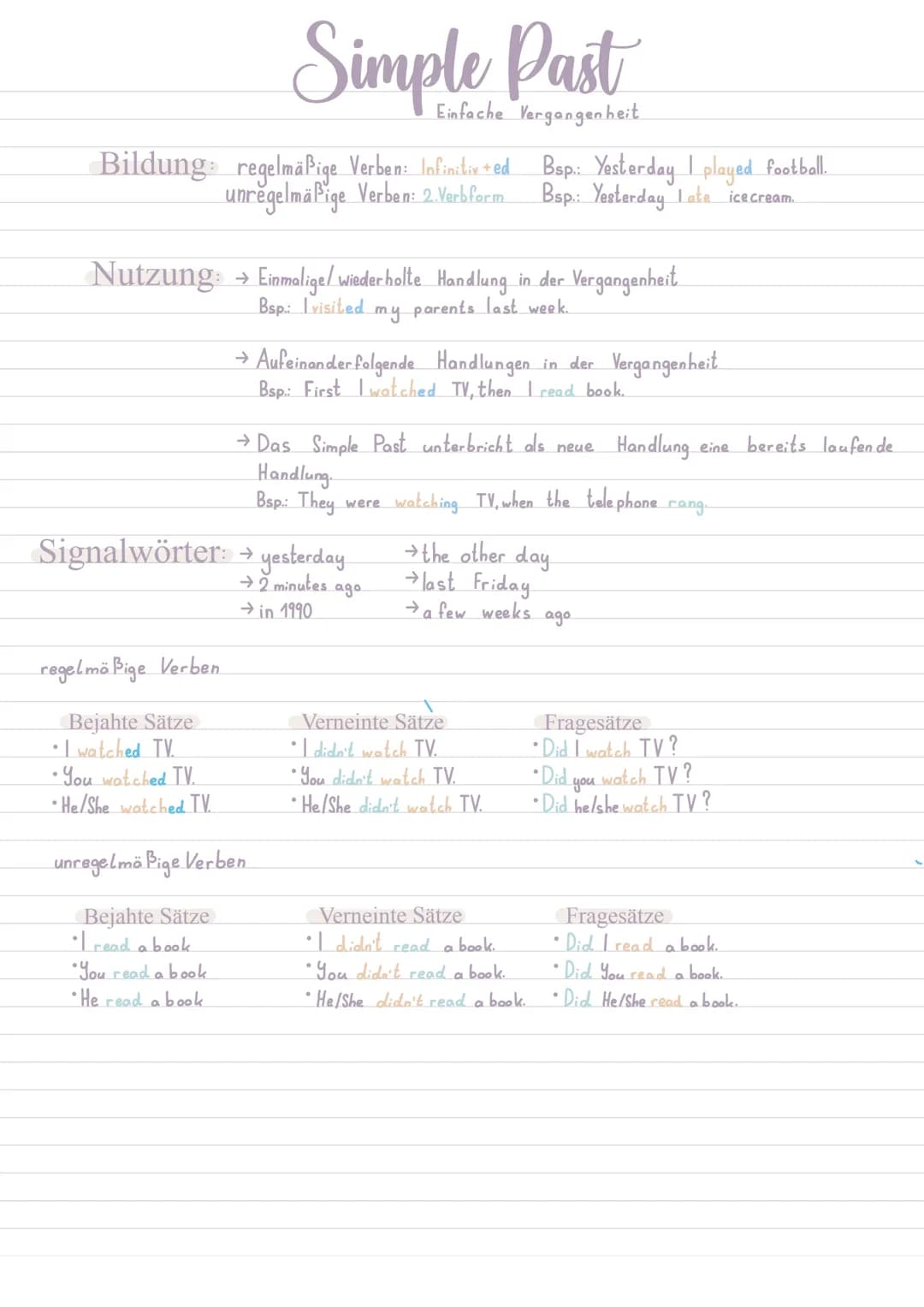 Bildung regelmäßige Verben: Infinitiv + ed
unregelmäßige Verben: 2.Verbform
Simple Past
Einfache Vergangenheit
Nutzung: Einmalige / wiederho
