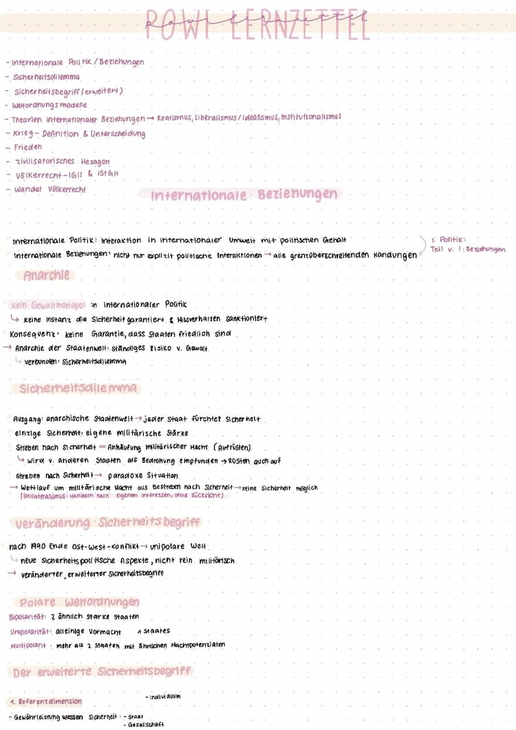 Know Internationale Beziehungen, Politik, Sicherheitsdilemme, Sicherheitsbegriff,  Weltordnungsmodelle, Theorien Internationaler Beziehungen, Krieg, Frieden, Völkerrecht, zivilisatorisches Hexagon  thumbnail