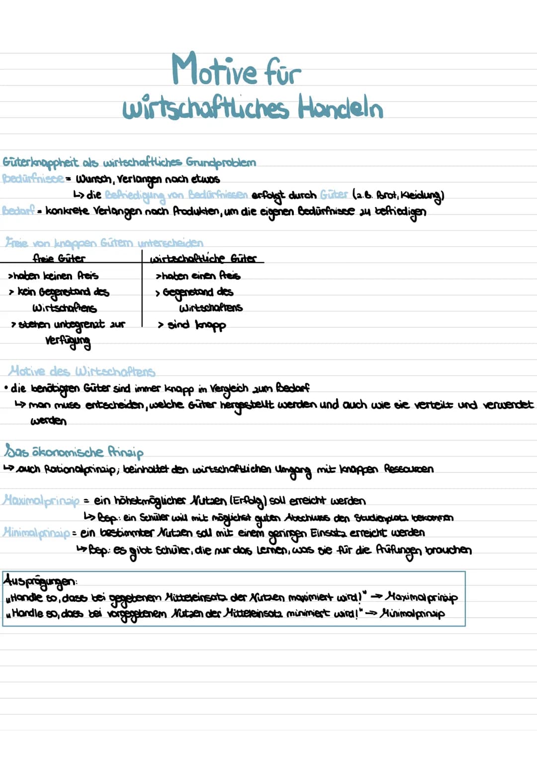 Motive für
wirtschaftliches Handeln
Güterknappheit als wirtschaftliches Grundproblem
bedürfnisse Wunsch, verlangen nach etwas
L> die Befried
