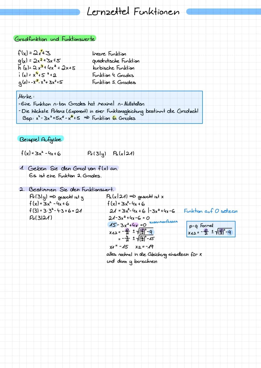 Lernzettel Funktionen
Grad funktion und Funktionswerte
f(x)=2x²+3
g(x)=2x²+3x+5
h (x) = 2x³ + 4x² + 2x+5
i(x) = x² +5² +2
g(x)=-x5-x² + 3x² 