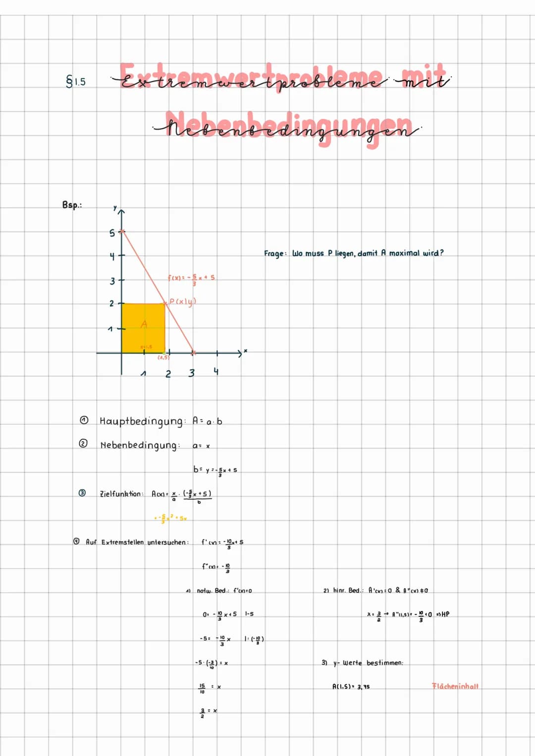 Bsp.:
Y
5
4
3
2
Extremwertprobleme mit
hebenbedingungen.
1
x1.5
^
F(x)=√x + 5
(4,5)
P(xly)
2
2
3 4
Hauptbedingung: A= a.b
Nebenbedingung:
Au