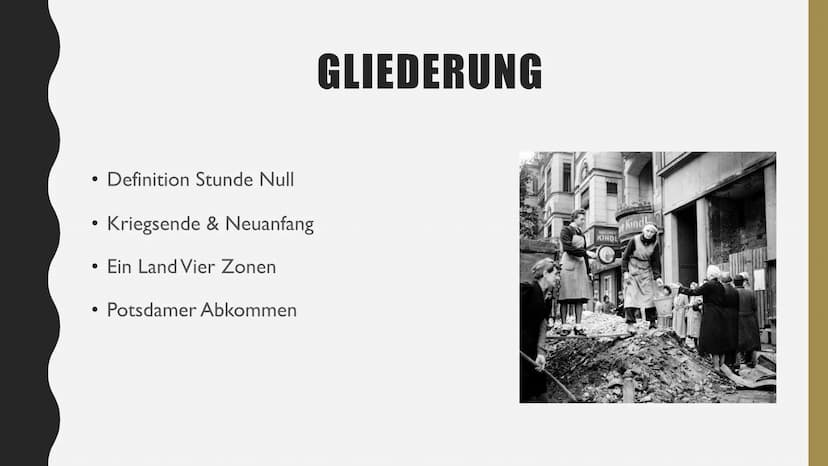 Stunde Null in Deutschland
Definition Stunde Null:
Der Begriff Stunde Null stammt aus der Planungssprache von
Organisationen, Klassisch des 