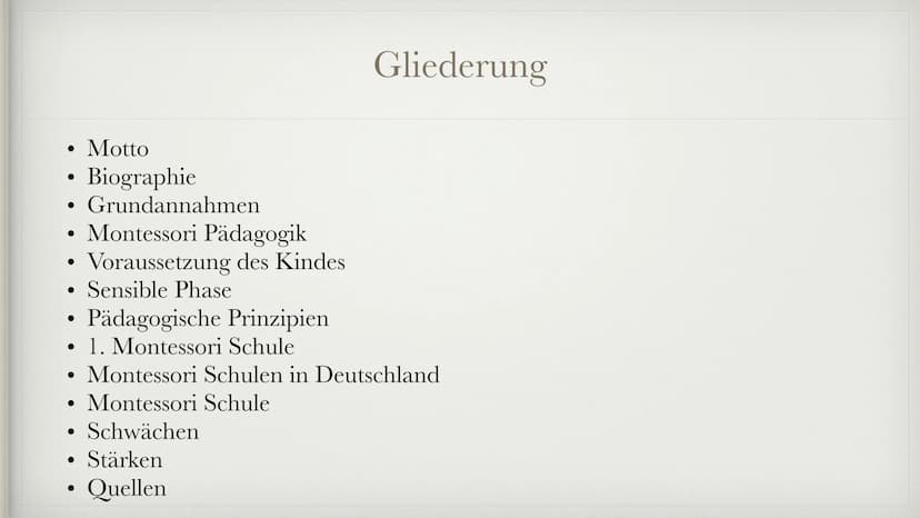 MARIA
MONTESSORI
von
Jenny und Lara ●
●
●
●
●
●
●
●
●
●
●
●
Motto
Biographie
Grundannahmen
Montessori Pädagogik
Voraussetzung des Kindes
Sen