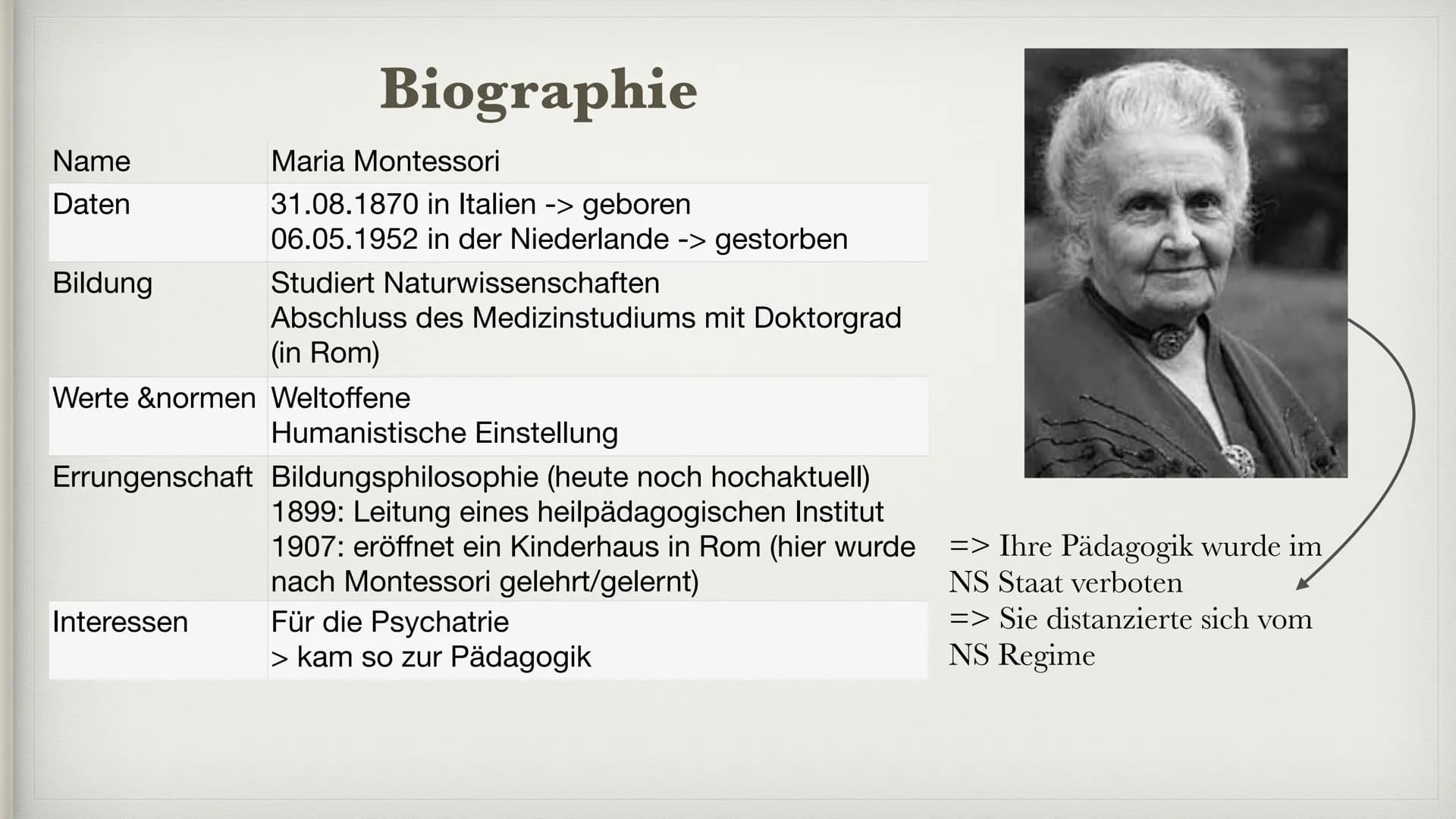 MARIA
MONTESSORI
von
Jenny und Lara ●
●
●
●
●
●
●
●
●
●
●
●
Motto
Biographie
Grundannahmen
Montessori Pädagogik
Voraussetzung des Kindes
Sen