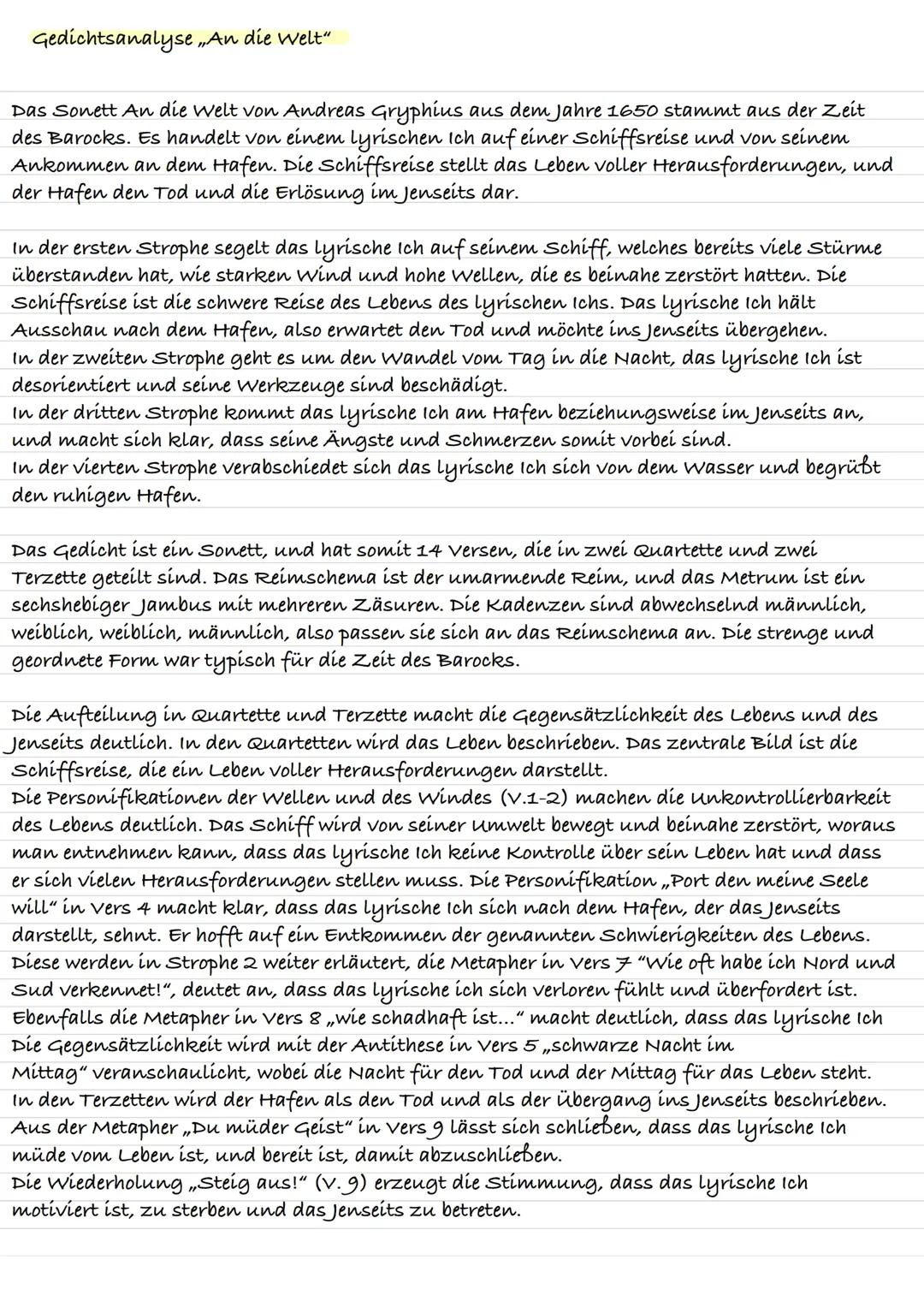 Gedichtsanalyse - An die Welt