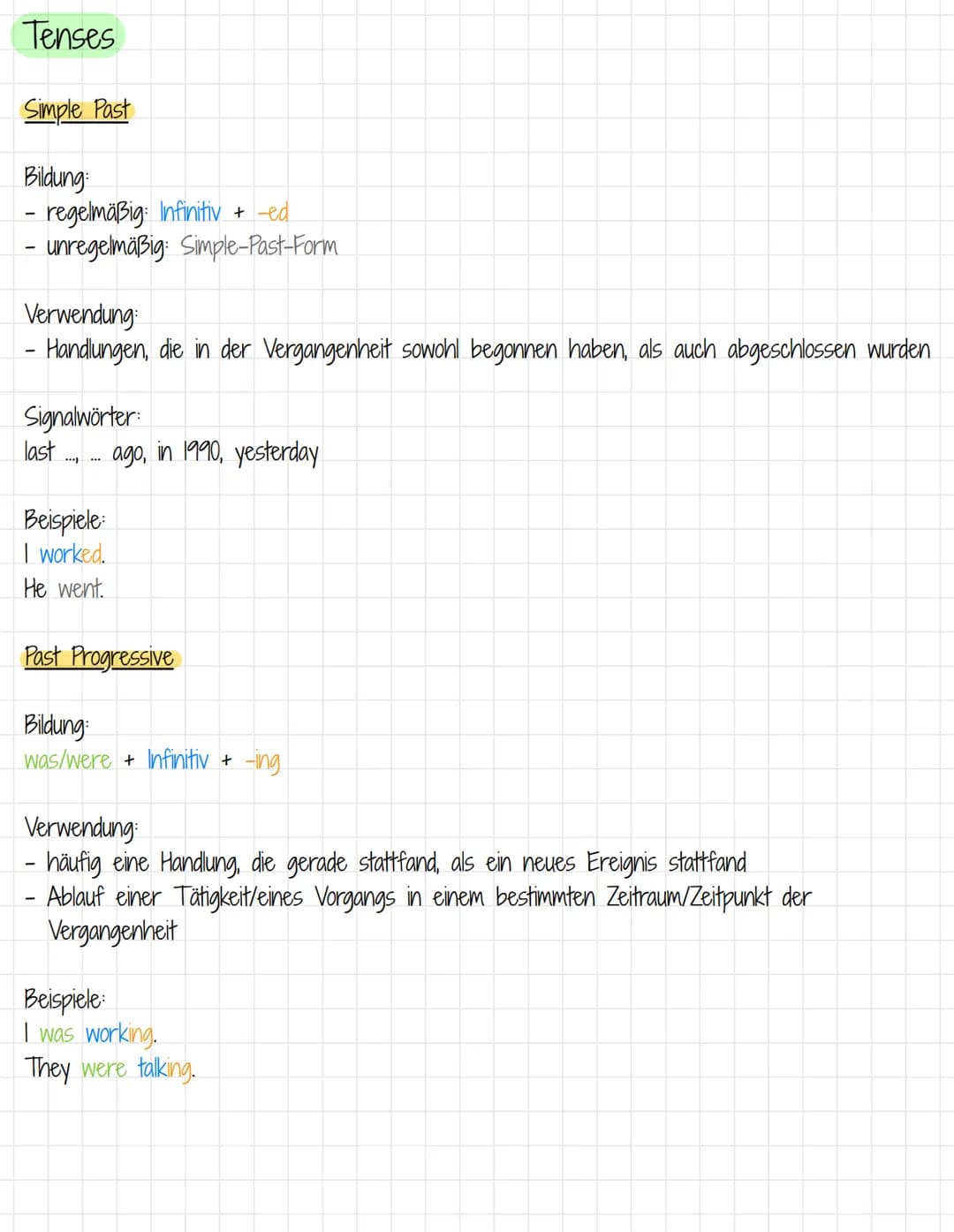 Tenses
Simple Present
Bildung: Infinitiv + -5
Verwendung:
- regelmäßig wiederholte/gewohnheitsmäßige Handungen
- Handlungsfolgen
in futurist
