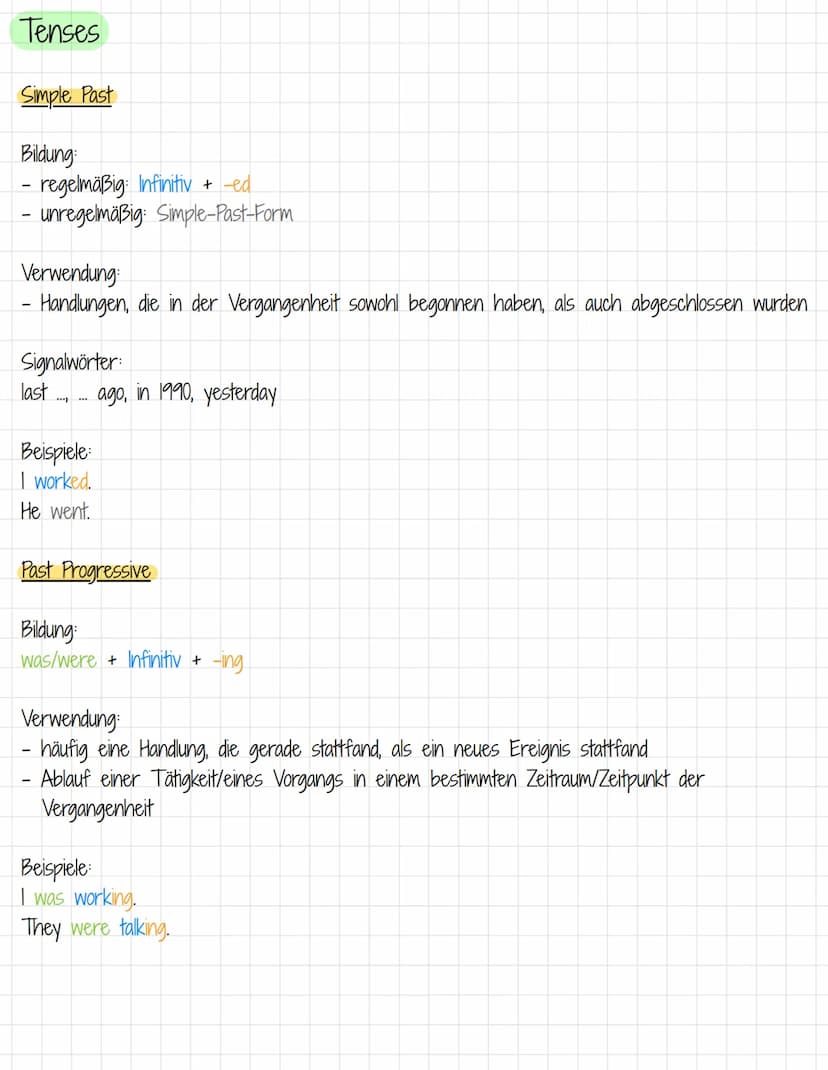 Tenses
Simple Present
Bildung: Infinitiv + -5
Verwendung:
- regelmäßig wiederholte/gewohnheitsmäßige Handungen
- Handlungsfolgen
in futurist