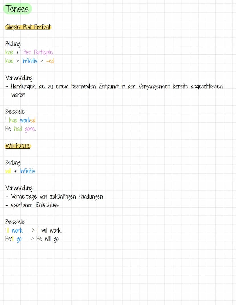 Tenses
Simple Present
Bildung: Infinitiv + -5
Verwendung:
- regelmäßig wiederholte/gewohnheitsmäßige Handungen
- Handlungsfolgen
in futurist