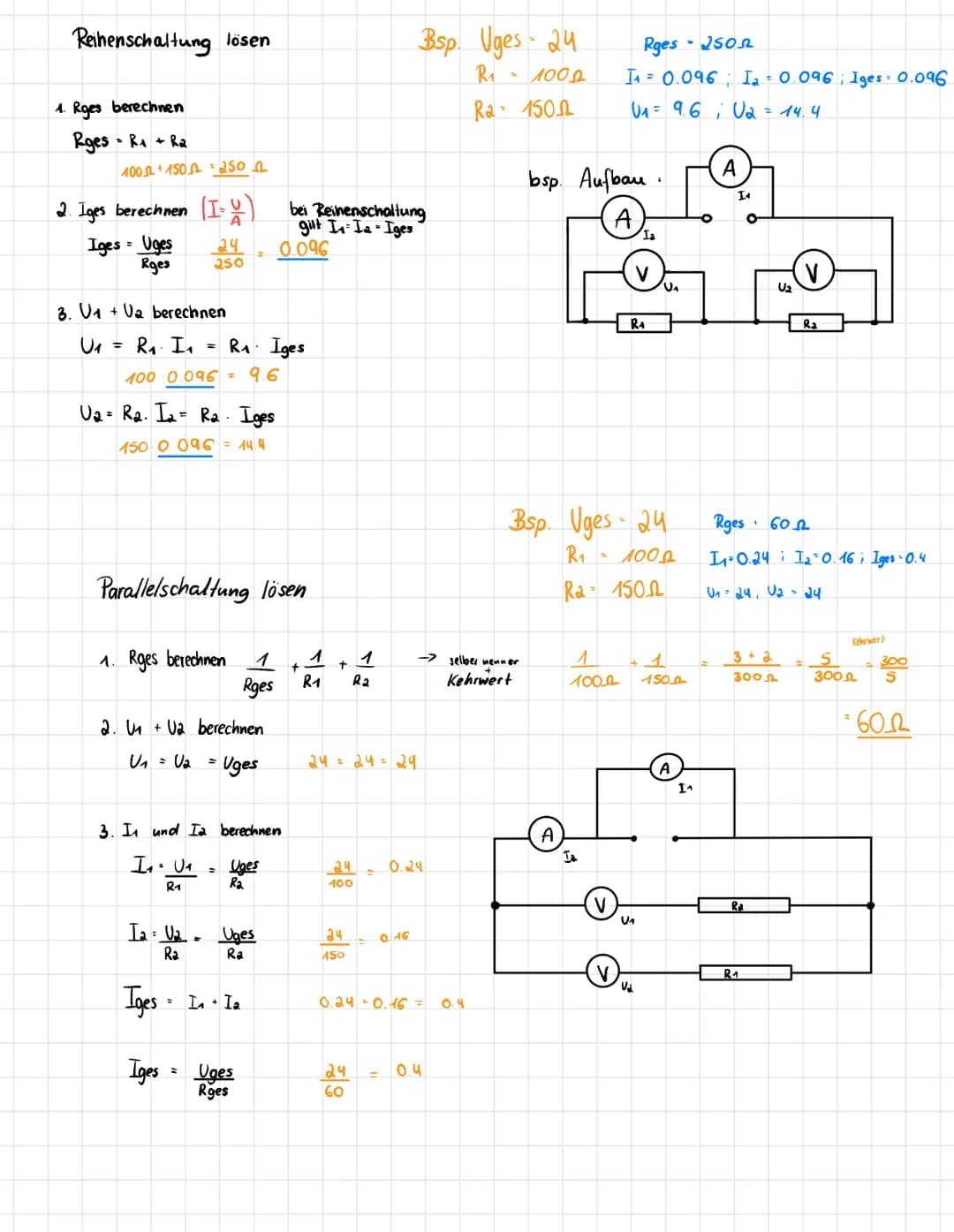 Reihenschaltung lösen
1. Rges berechnen
Rges-R₁ + R₂
100+150 250
2. Iges berechnen (I
Iges = Uges
Rges
3. U₁+U₂ berechnen
U₁ = R₁. I₁
24
250