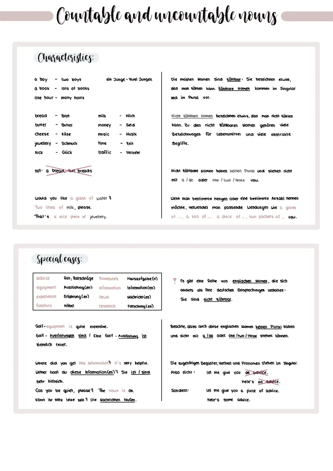 Countable and uncountable nouns - Zählbare und nicht zählbare Nomen + Quantifiers - Mengenangaben