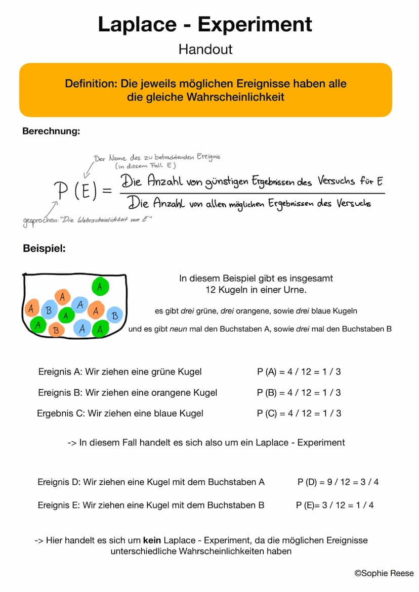 Berechnung:
A
B
Definition: Die jeweils möglichen Ereignisse haben alle
die gleiche Wahrscheinlichkeit
Laplace - Experiment
Handout
B
P(E)=
