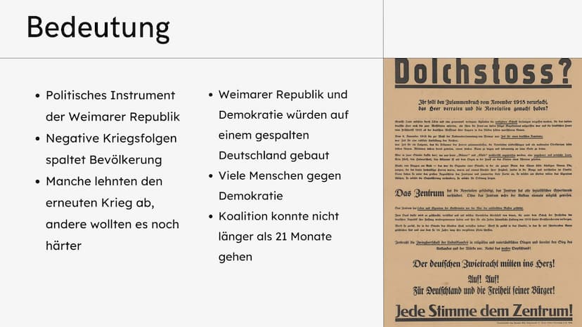Anna, Nico, Chi, Lucie und Haiman
Dolchstoß-
legende
-
Ausschnitt aus einem Wahlplakat mit
Darstellung des 'Dolchstoßes', 1924 Gliederung
Be