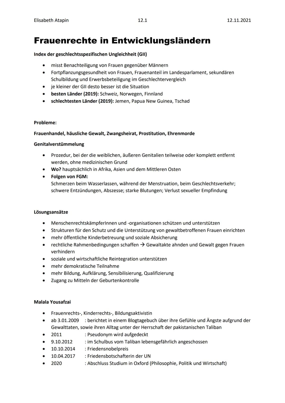 Elisabeth Atapin
Frauenrechte in Entwicklungsländern
Index der geschlechtsspezifischen Ungleichheit (GII)
●
misst Benachteiligung von Frauen