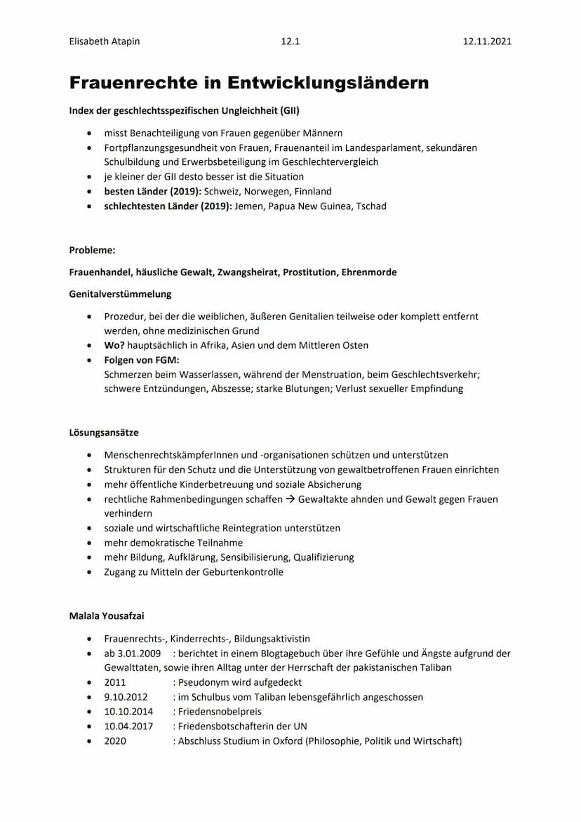 Elisabeth Atapin
Frauenrechte in Entwicklungsländern
Index der geschlechtsspezifischen Ungleichheit (GII)
●
misst Benachteiligung von Frauen