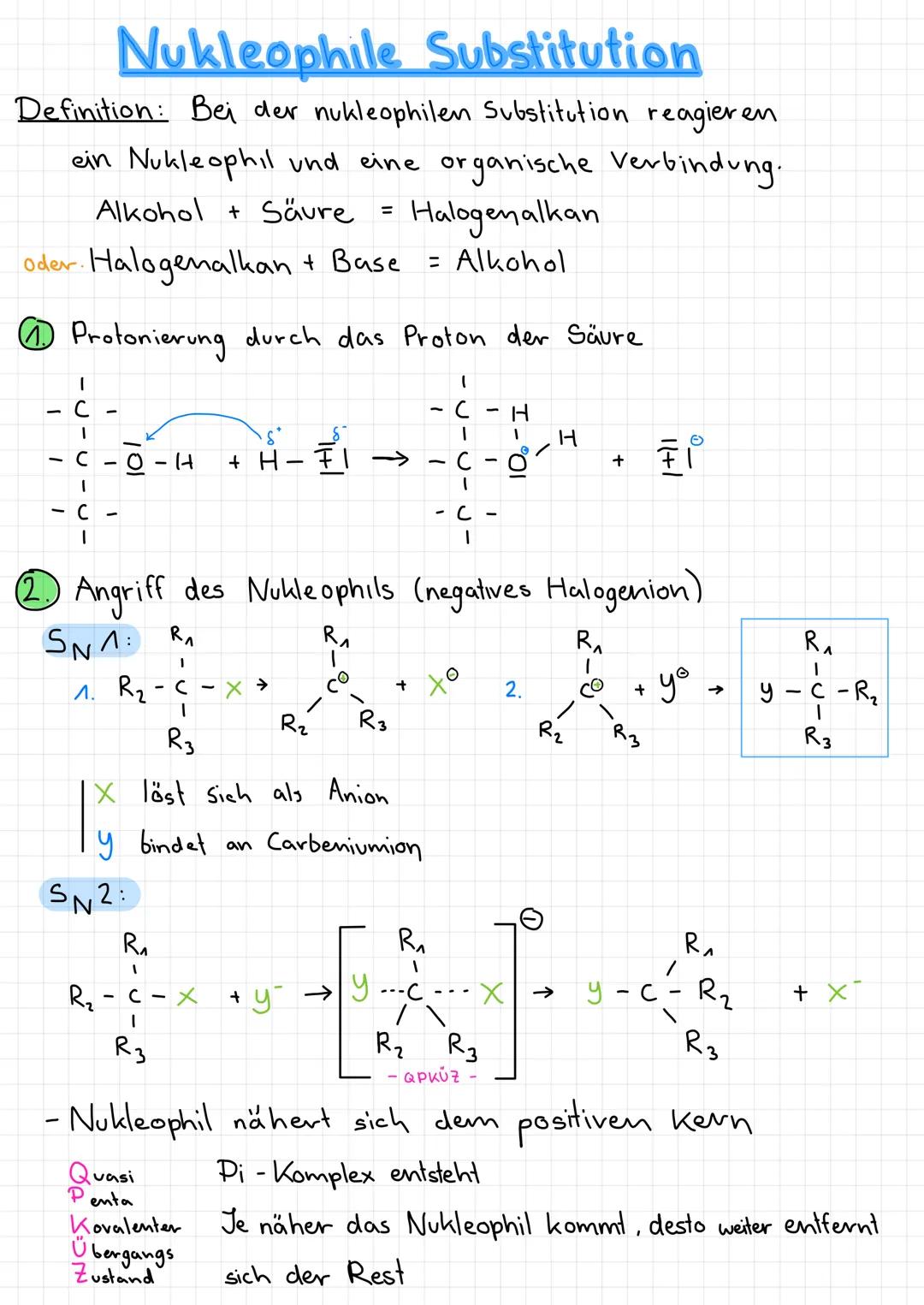 Nukleophile Substitution
Definition: Bei der nukleophilen Substitution reagieren
ein Nukleophil und eine organische Verbindung.
Alkohol + Sä