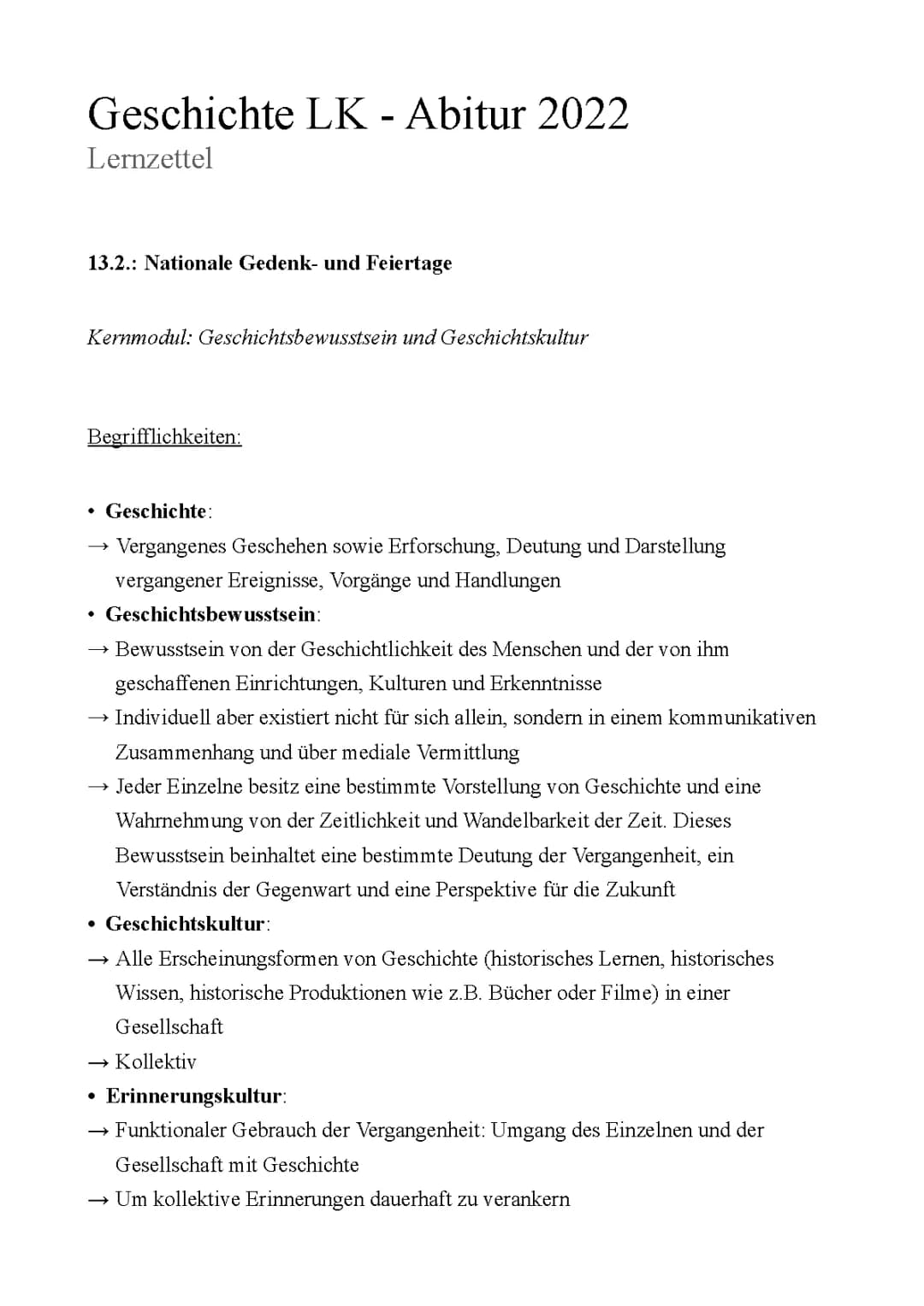 Abitur Lernzettel 2023: Gedenk- und Feiertage - Geschichte LK Niedersachsen