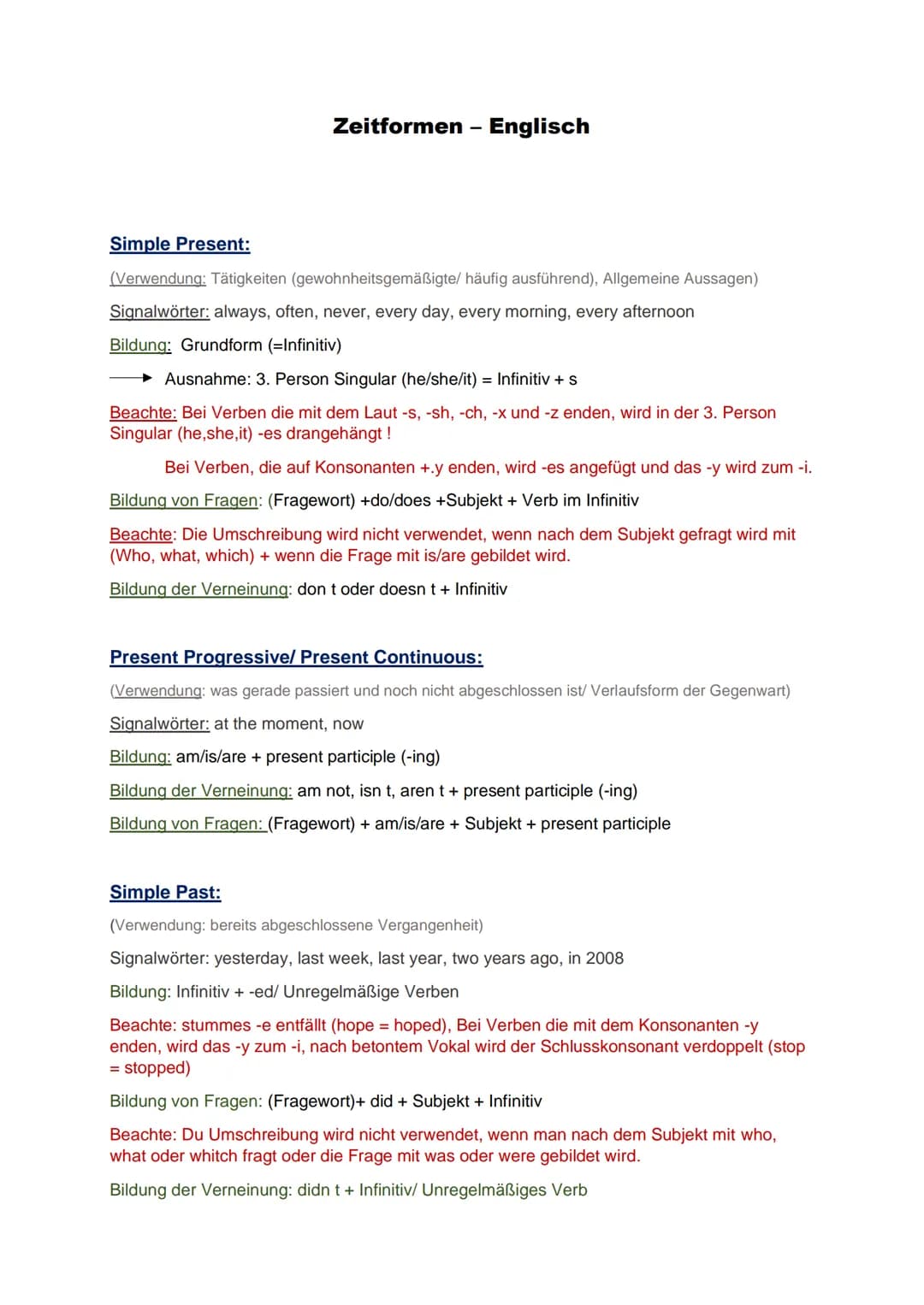 Zeitformen - Englisch
Simple Present:
(Verwendung: Tätigkeiten (gewohnheitsgemäßigte/ häufig ausführend), Allgemeine Aussagen)
Signalwörter: