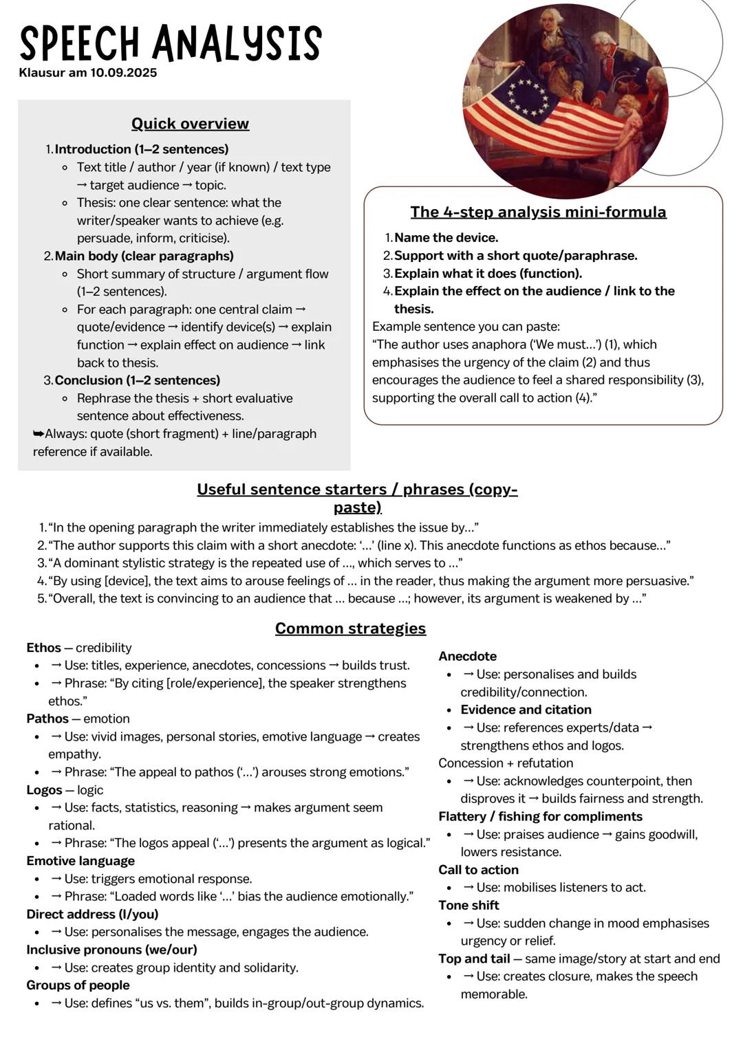 # SPEECH ANALYSIS
Klausur am 10.09.2025

## Quick overview
1. Introduction (1-2 sentences)
*   Text title / author / year (if known) / text 