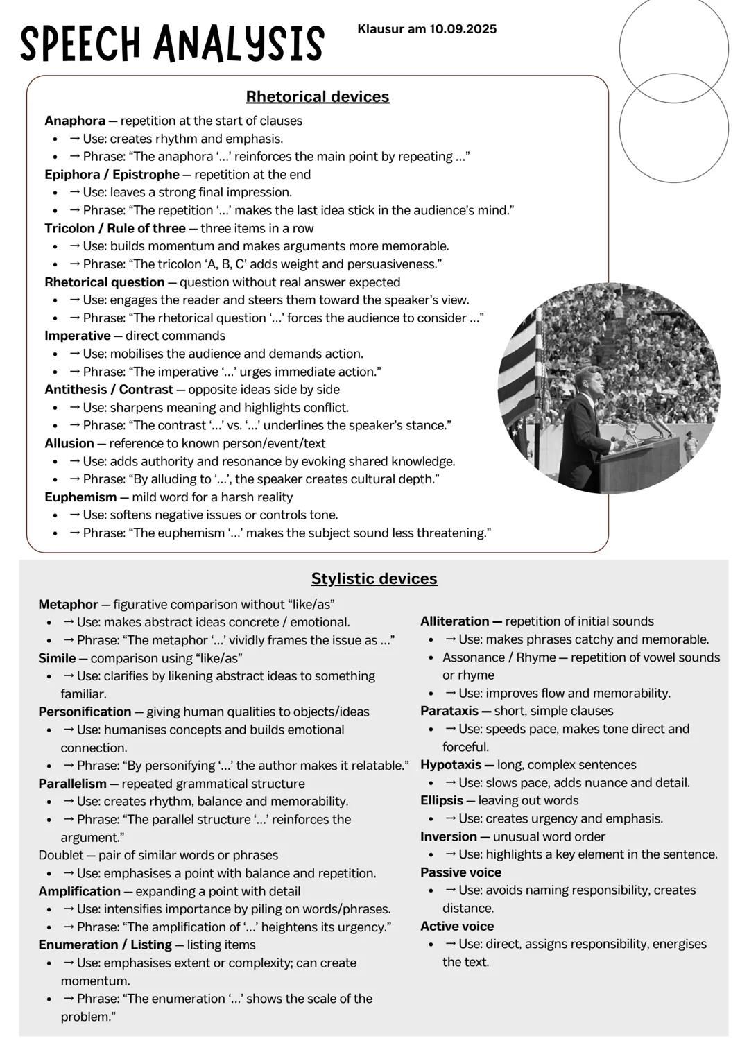 # SPEECH ANALYSIS
Klausur am 10.09.2025

## Quick overview
1. Introduction (1-2 sentences)
*   Text title / author / year (if known) / text 