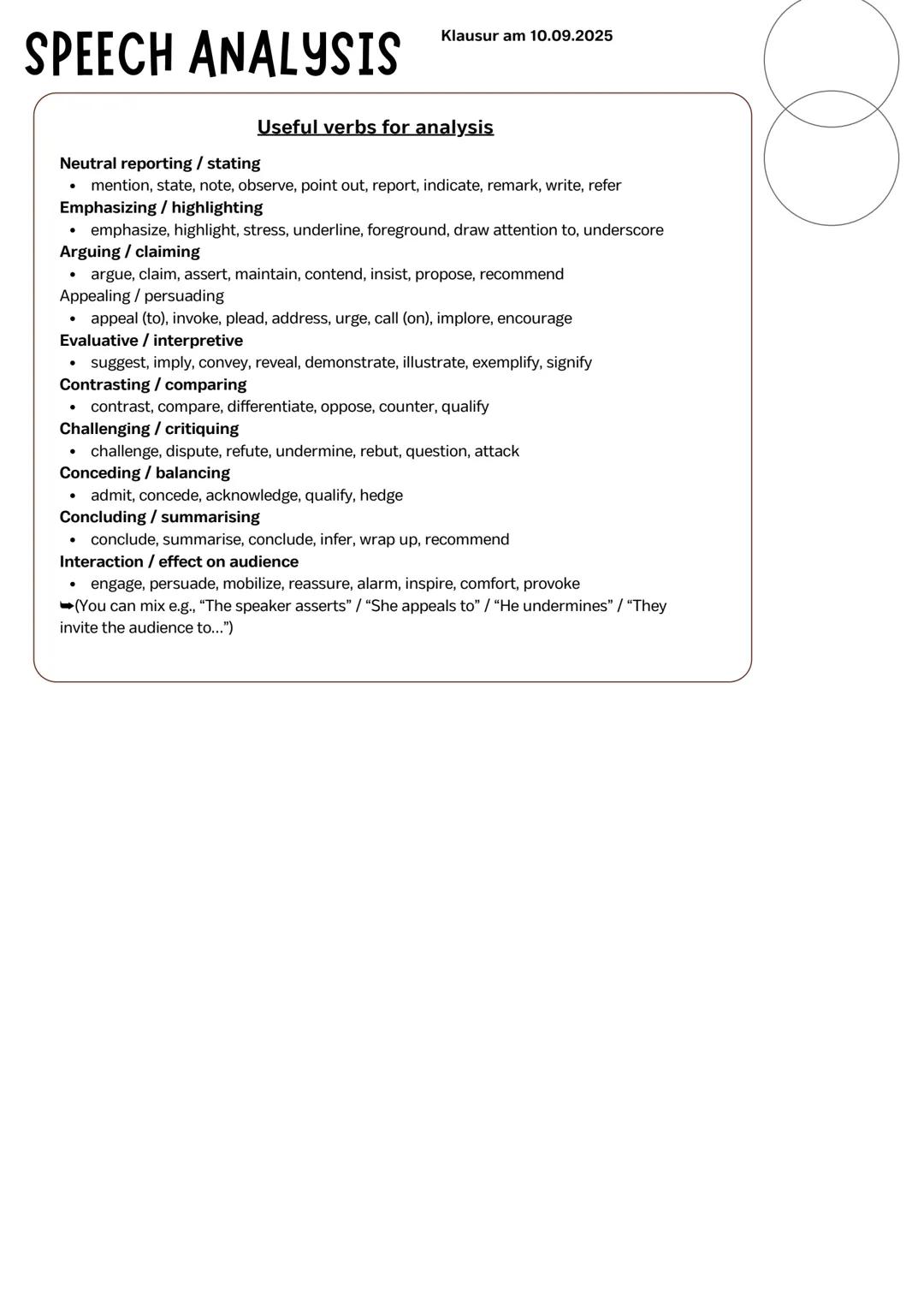 # SPEECH ANALYSIS
Klausur am 10.09.2025

## Quick overview
1. Introduction (1-2 sentences)
*   Text title / author / year (if known) / text 