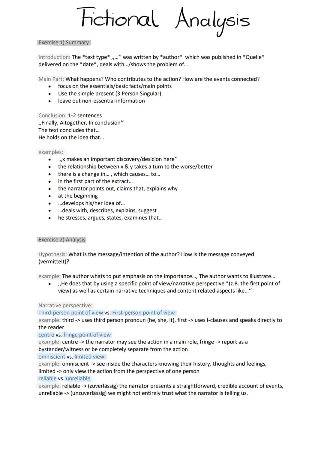 Fictional Analysis
Exercise 1) Summary
Introduction: The *text type* ." was written by *author* which was published in *Quelle*
delivered on