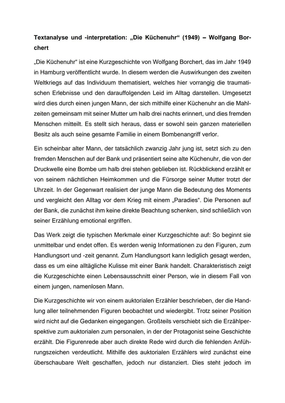 Textanalyse und -interpretation: ,,Die Küchenuhr" (1949) - Wolfgang Bor-
chert
,,Die Küchenuhr" ist eine Kurzgeschichte von Wolfgang Borcher