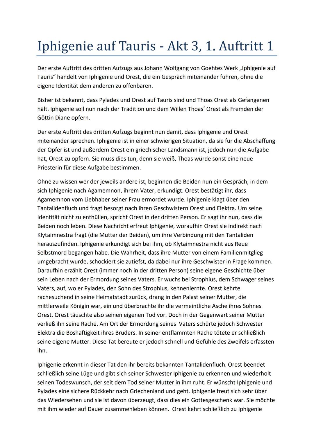 Iphigenie auf Tauris - Akt 3, 1. Auftritt 1
Der erste Auftritt des dritten Aufzugs aus Johann Wolfgang von Goehtes Werk ,,Iphigenie auf
Taur