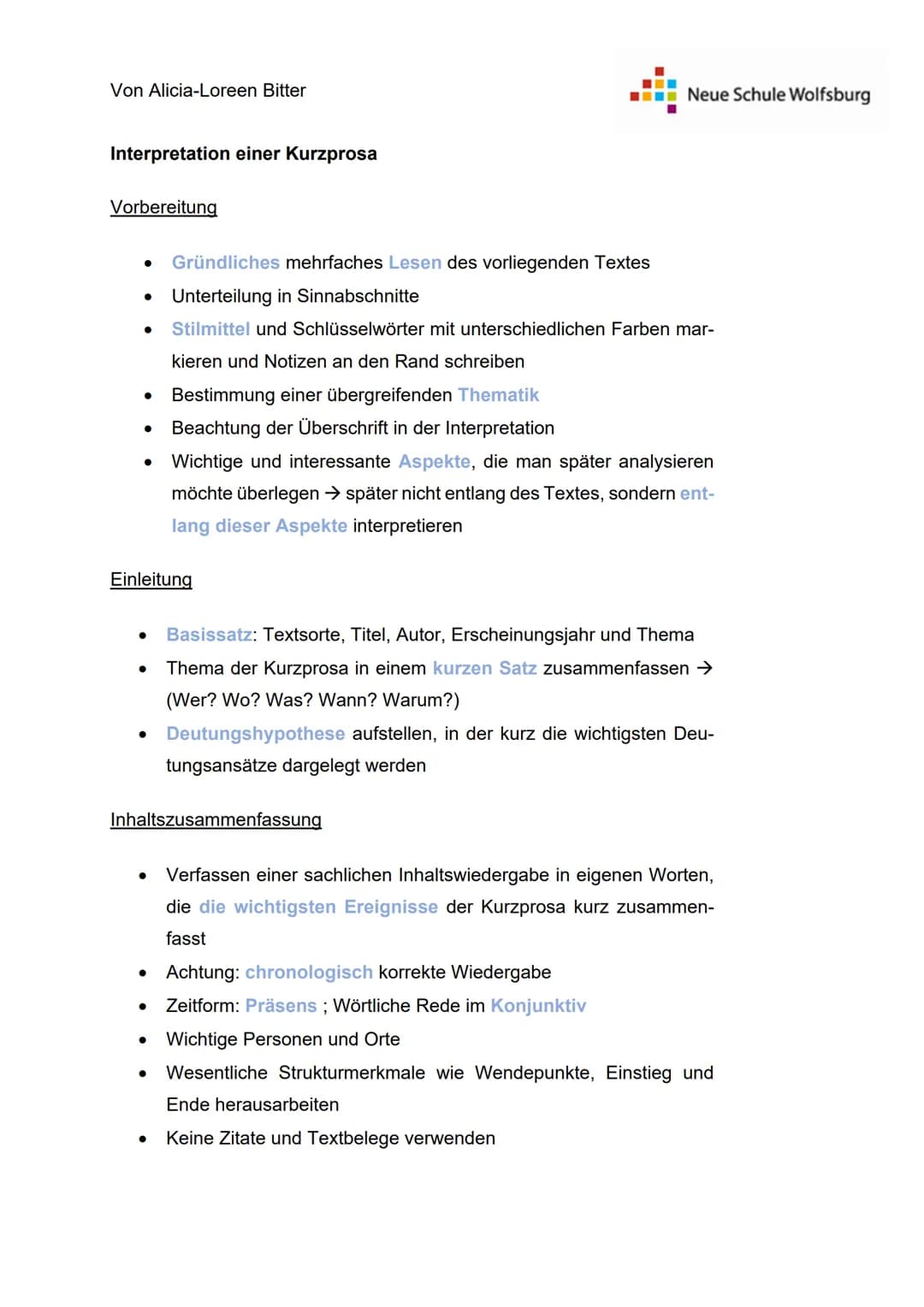 Von Alicia-Loreen Bitter
Interpretation einer Kurzprosa
Vorbereitung
●
●
Einleitung
●
●
●
Gründliches mehrfaches Lesen des vorliegenden Text