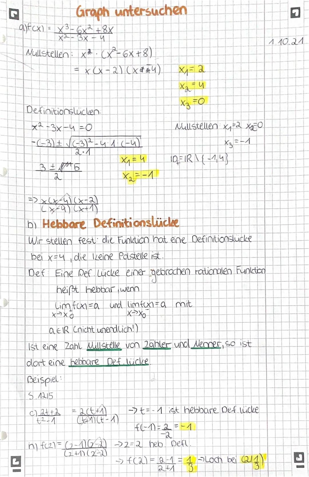 Gebrochen rationale Funktion: Graph untersuchen und hebbare Defitionslücken
