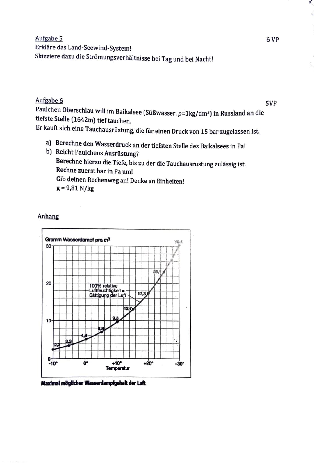 Klassenarbeit Nr. 3
Aufgabe 1
a) Bei einer Temperatur von 15°C beträgt die absolute Luftfeuchtigkeit 8g
Wasserdampf/m³ Luft.
Bestimme die ma