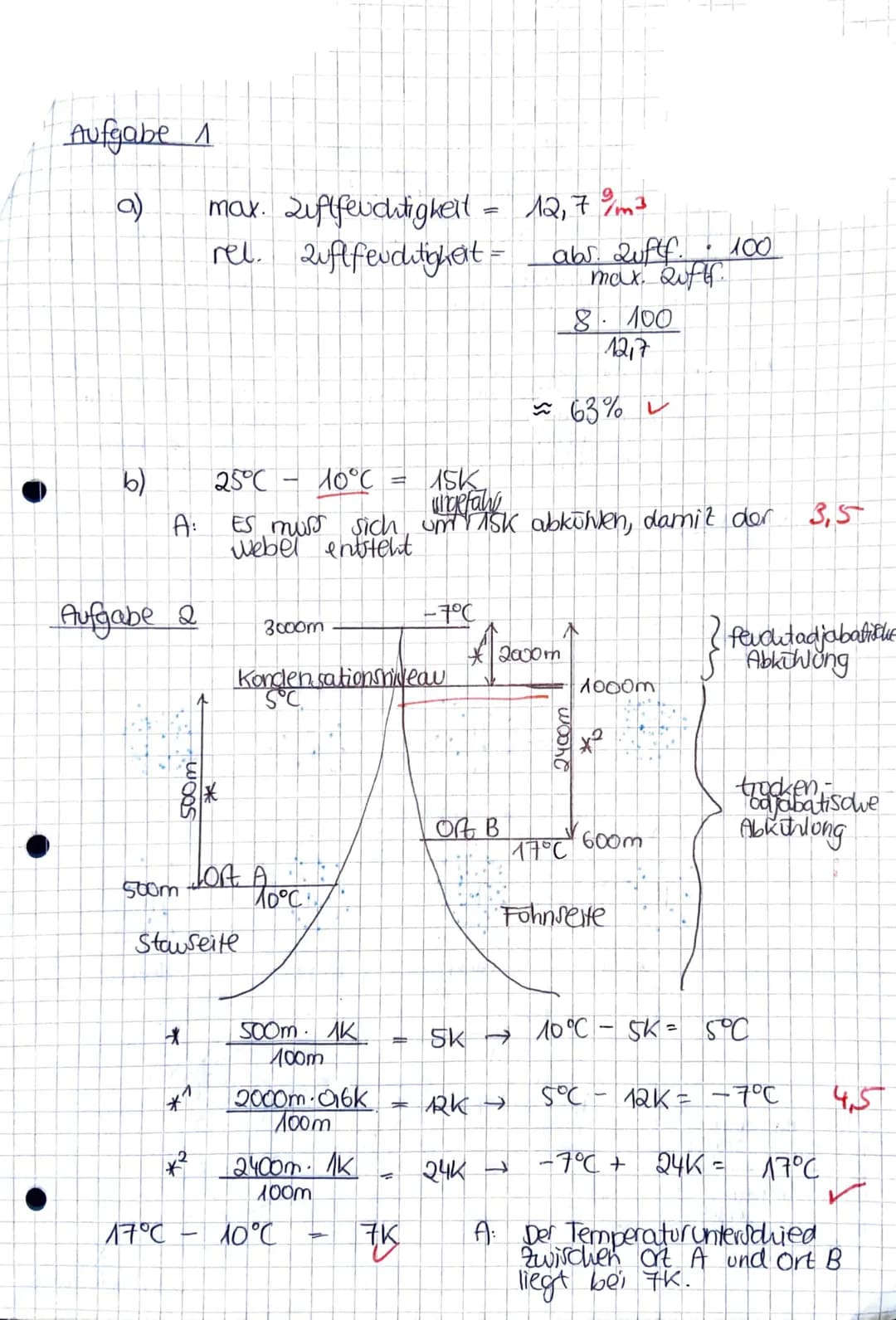 Klassenarbeit Nr. 3
Aufgabe 1
a) Bei einer Temperatur von 15°C beträgt die absolute Luftfeuchtigkeit 8g
Wasserdampf/m³ Luft.
Bestimme die ma