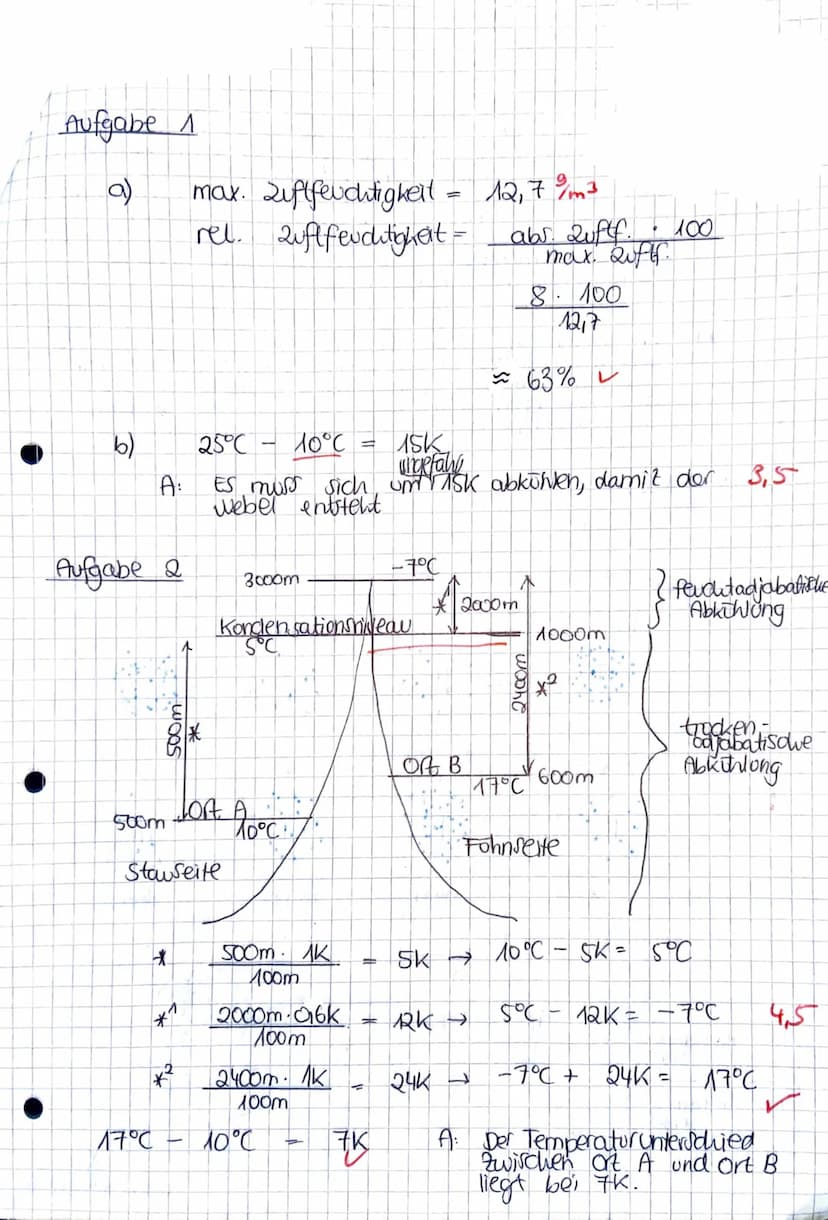 Klassenarbeit Nr. 3
Aufgabe 1
a) Bei einer Temperatur von 15°C beträgt die absolute Luftfeuchtigkeit 8g
Wasserdampf/m³ Luft.
Bestimme die ma