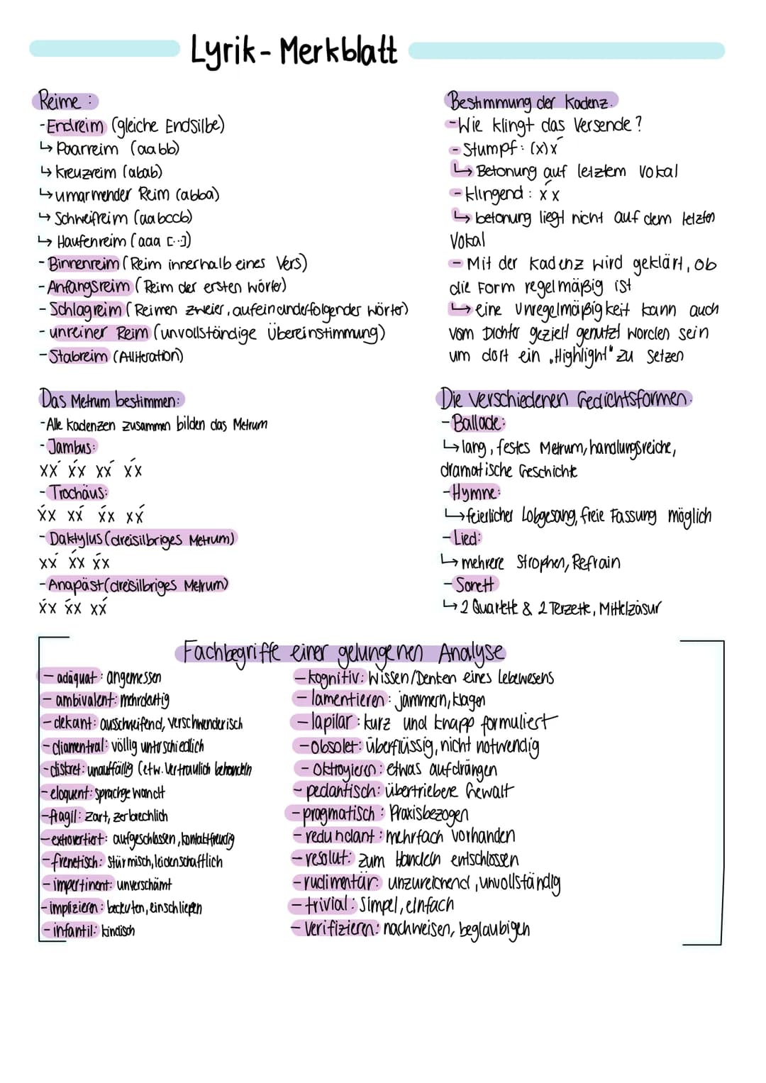 Lyrik-Merkblatt
Reime
-Endreim (gleiche EndSilbe)
↳ Paarreim (aabb)
↳ Kreuzreim (abab)
umarmender Reim (abba)
→ Schweifreim (ua bccb)
Haufen