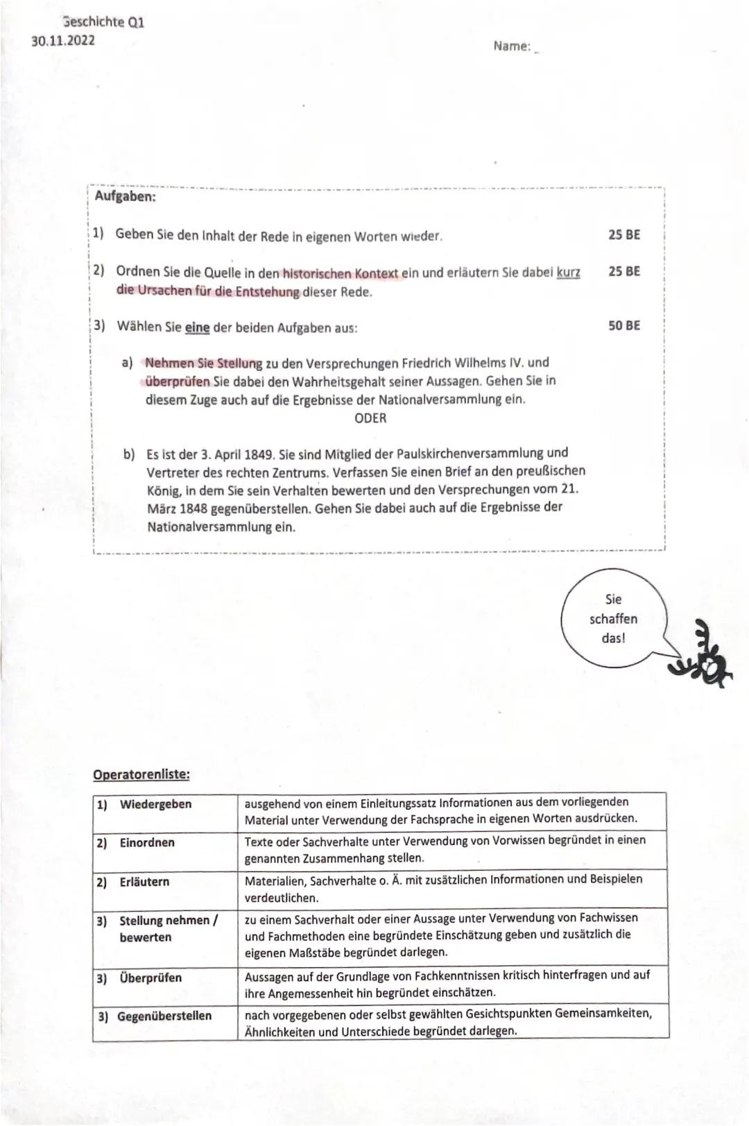 Geschichte Q1
30.11.2022
Aufgaben:
1) Geben Sie den Inhalt der Rede in eigenen Worten wieder.
(2) Ordnen Sie die Quelle in den historischen 