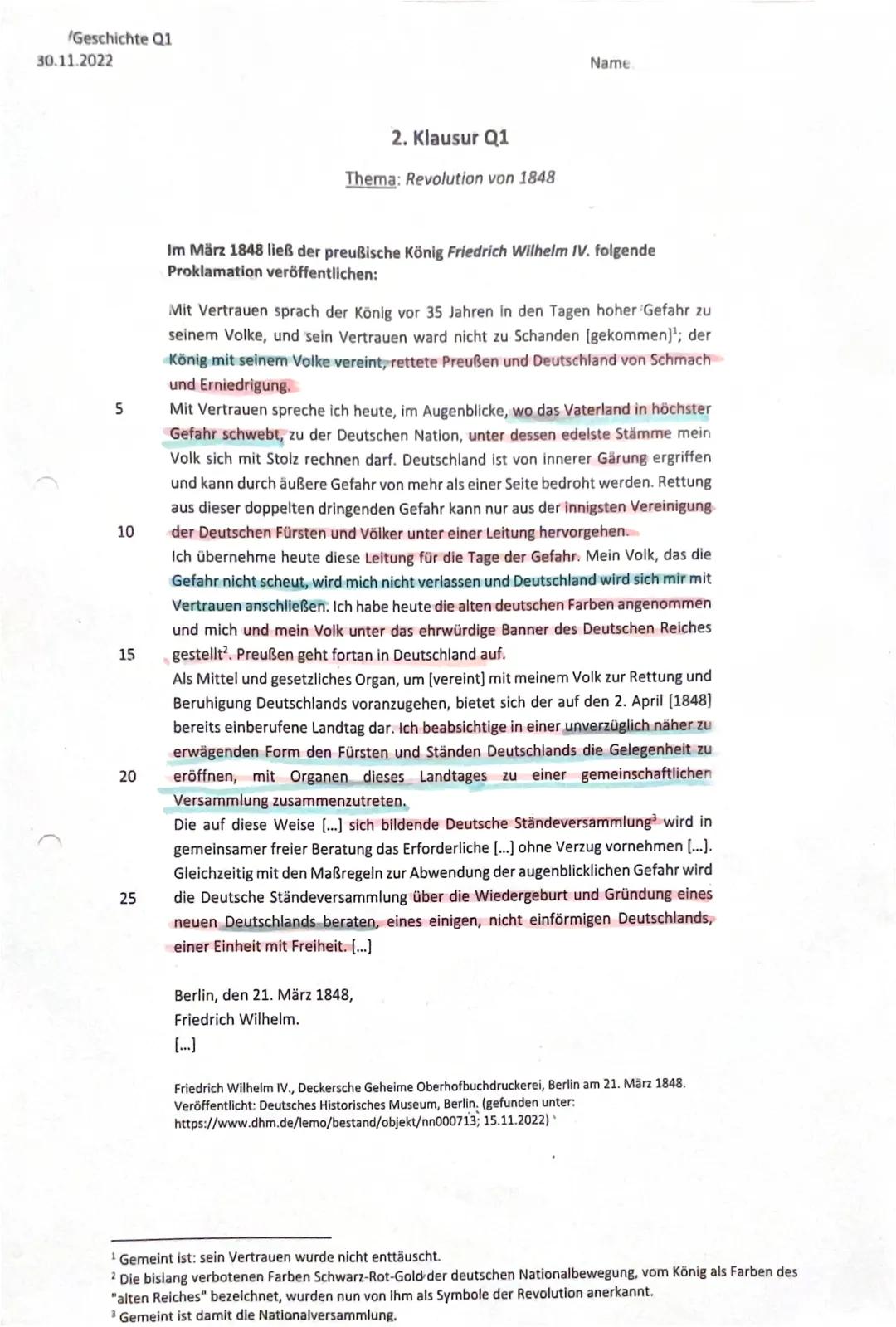Geschichte Q1
30.11.2022
Aufgaben:
1) Geben Sie den Inhalt der Rede in eigenen Worten wieder.
(2) Ordnen Sie die Quelle in den historischen 