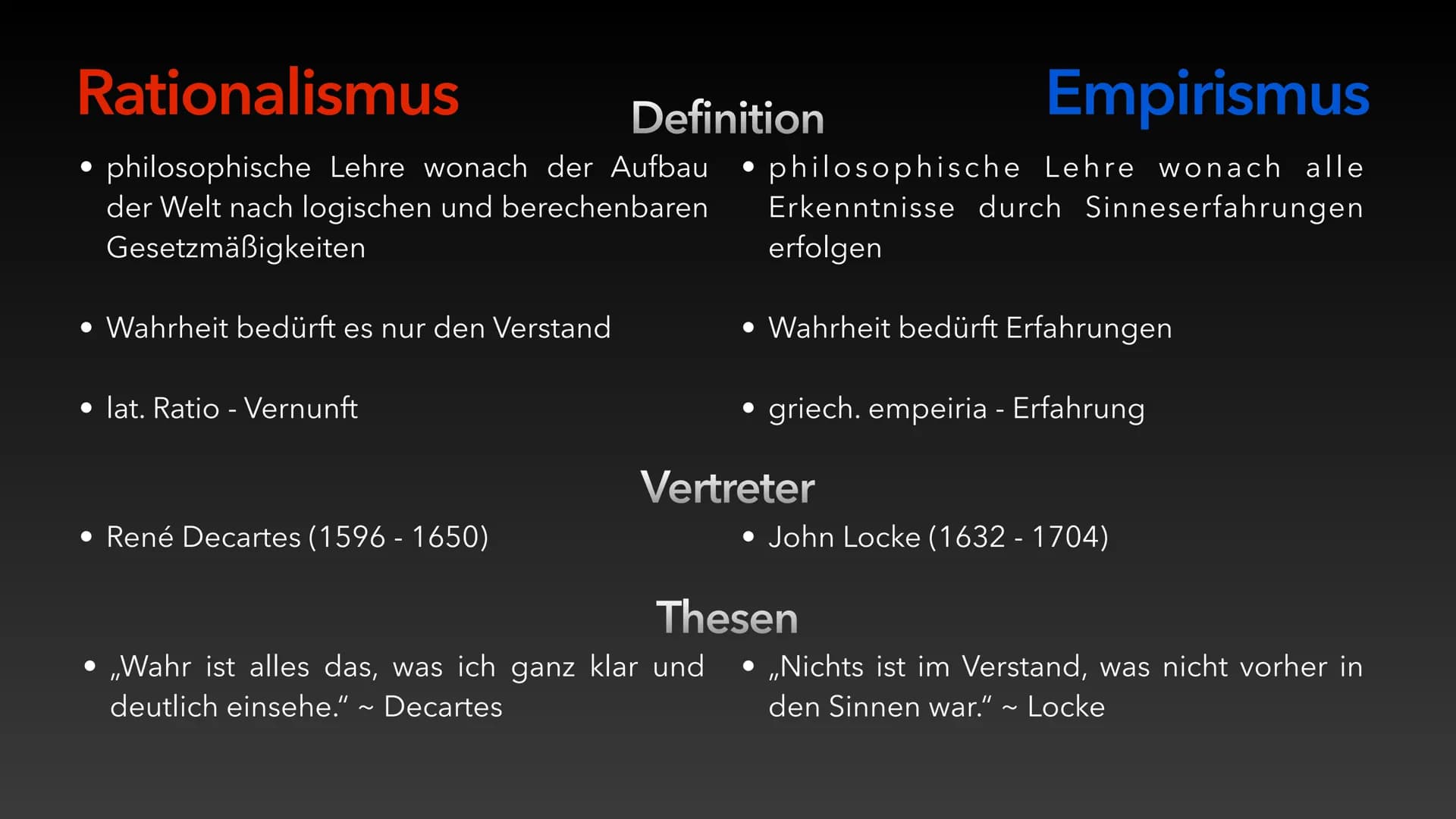 Rationalismus & Empirismus
Gegenüberstellung, Vergleich und Erkenntnis
Dave Radmer Rationalismus & Empirismus
Gliederung
1. Rationalismus vs