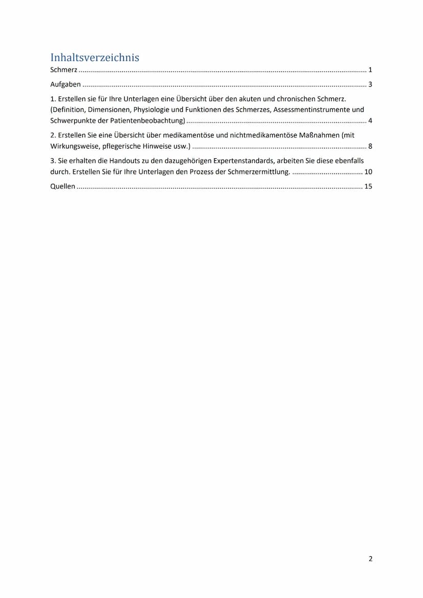 Schmerz Inhaltsverzeichnis
Schmerz..
Aufgaben
1. Erstellen sie für Ihre Unterlagen eine Übersicht über den akuten und chronischen Schmerz.
(