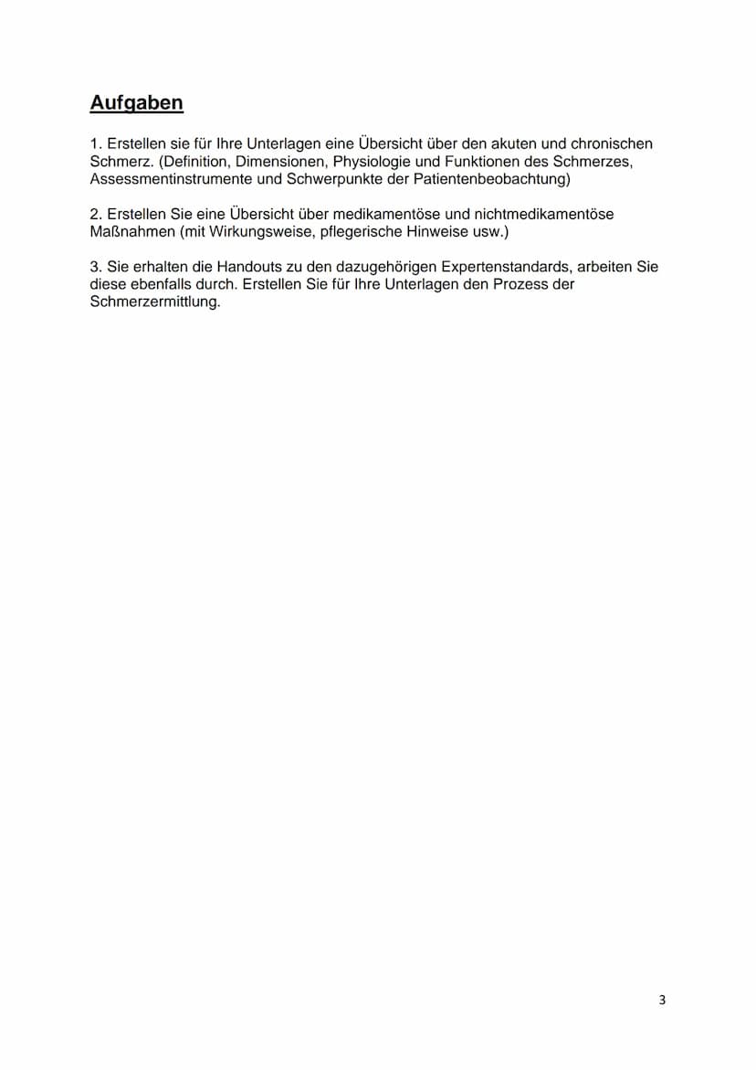 Schmerz Inhaltsverzeichnis
Schmerz..
Aufgaben
1. Erstellen sie für Ihre Unterlagen eine Übersicht über den akuten und chronischen Schmerz.
(