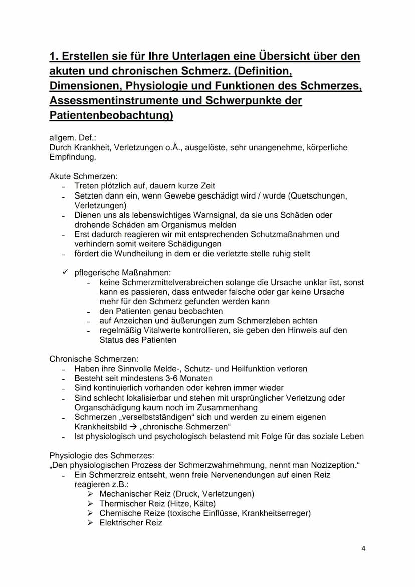 Schmerz Inhaltsverzeichnis
Schmerz..
Aufgaben
1. Erstellen sie für Ihre Unterlagen eine Übersicht über den akuten und chronischen Schmerz.
(