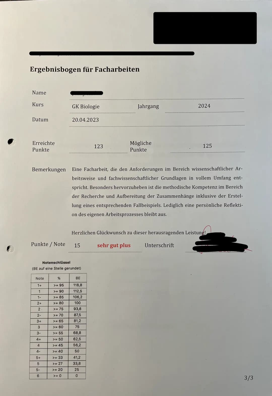 Bewertungsbogen für Facharbeiten
Name
Kurs
Datum
●
GK Biologie
Anfertigungsphase Bewertungskriterien
Themenfindung
●
●
20.04.2023
Wissenscha