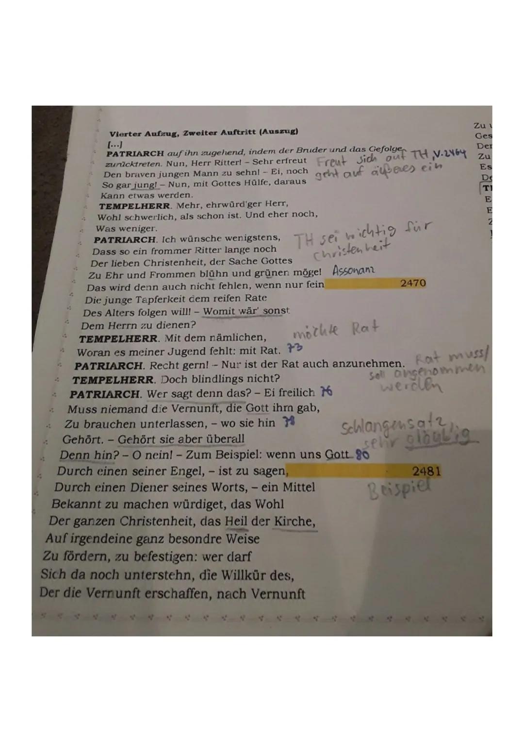 S
S
9
Aufgabenstellung:
1. Analysieren Sie den vorliegenden Auszug aus Gotthold Ephraim
Lessings ,,Nathan der Weise" (V. 2462-2566) mit Blic