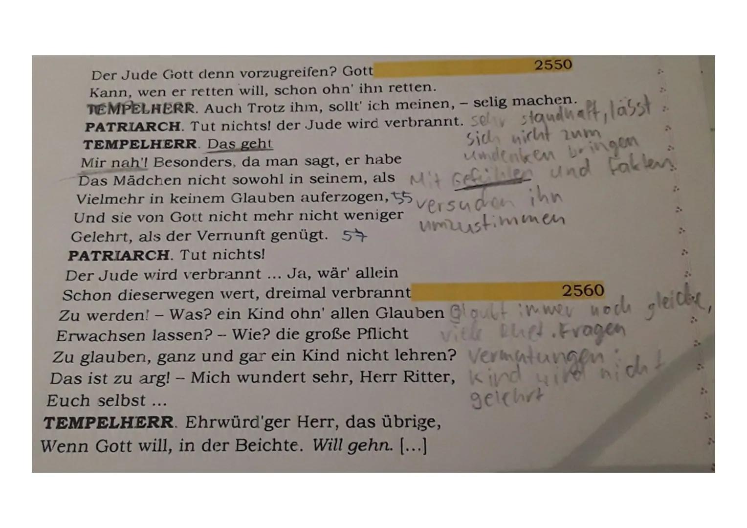 S
S
9
Aufgabenstellung:
1. Analysieren Sie den vorliegenden Auszug aus Gotthold Ephraim
Lessings ,,Nathan der Weise" (V. 2462-2566) mit Blic