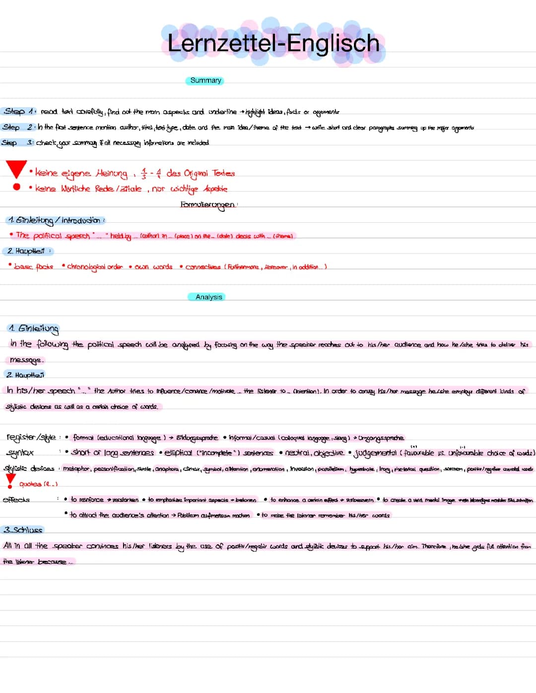 Englisch Lernzettel, Analyse 