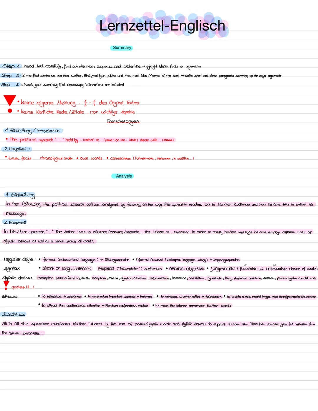 Lernzettel-Englisch
Step 1: read text carefully, find out the main aspecks and underline → highlight ideas, facts or argoments.
Step 2. In t