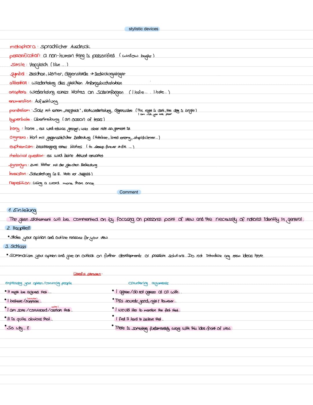 Lernzettel-Englisch
Step 1: read text carefully, find out the main aspecks and underline → highlight ideas, facts or argoments.
Step 2. In t