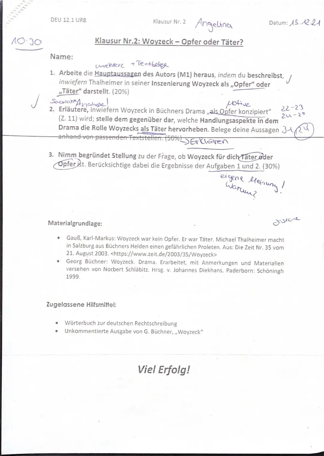 Woyzeck Stellungnahme Täter oder Opfer 