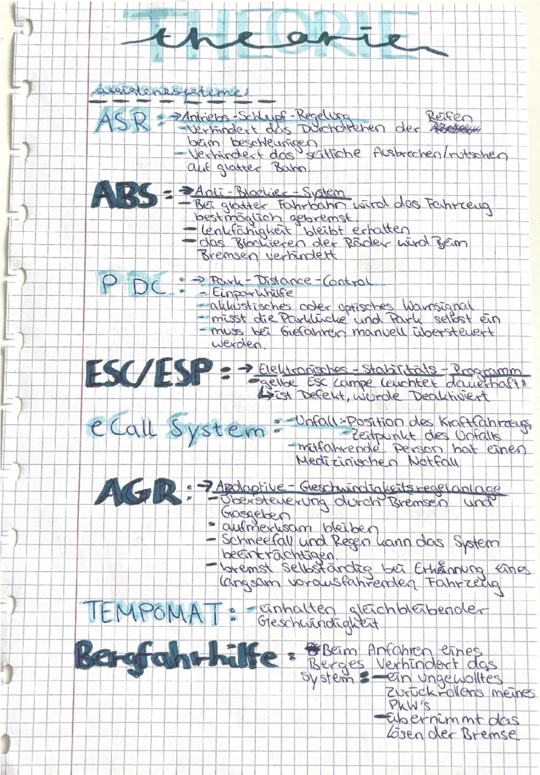 # theorie

## assistenzsysteme

### ASR
- Antriebs-Schlupf-Regelung
- verhindert das Durchdrehen der Räder
beim beschleunigen
- verhindert d