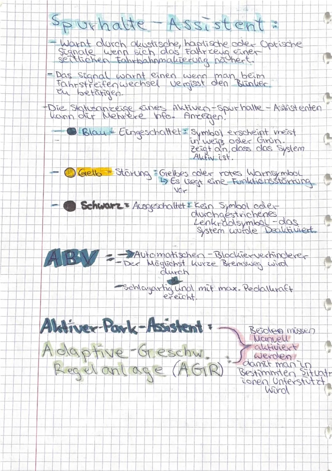 # theorie

## assistenzsysteme

### ASR
- Antriebs-Schlupf-Regelung
- verhindert das Durchdrehen der Räder
beim beschleunigen
- verhindert d
