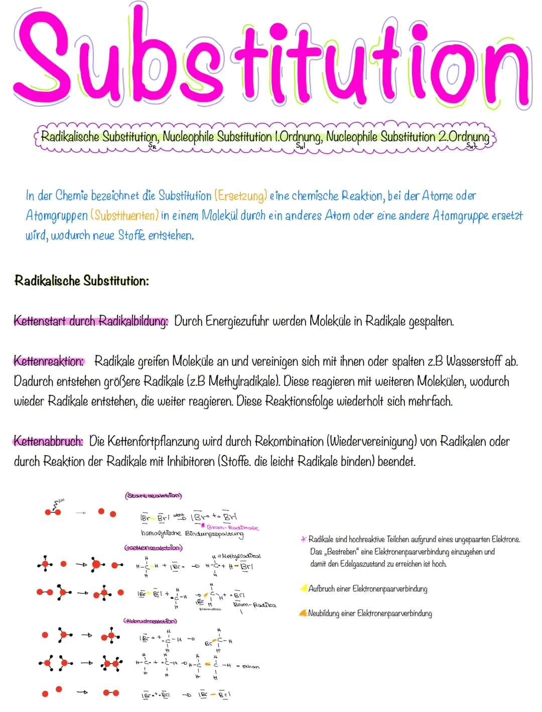 Substitution
Radikalische Substitution, Nucleophile Substitution 1.Ordnung, Nucleophile Substitution 2.Ordnung
In der Chemie bezeichnet die 