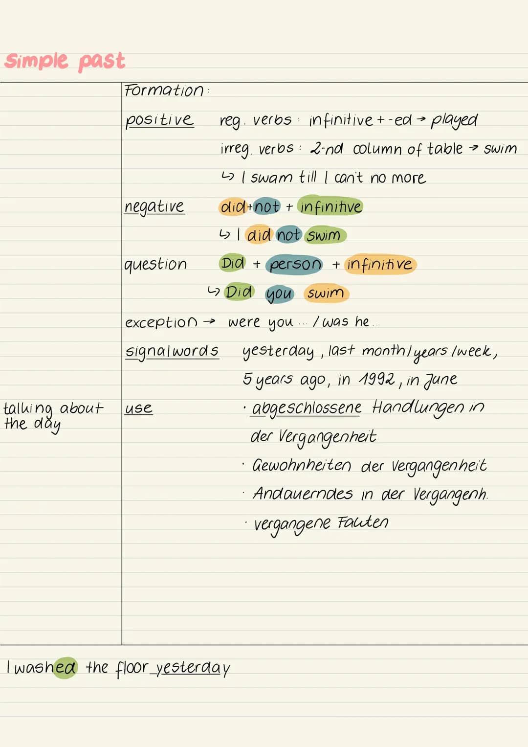 Simple Present
usually = gewöhnlich
selten
timeschedules
↳bus, train
e.g. for example
->
Formation:
positive
negative do/does (3.Singu.) not